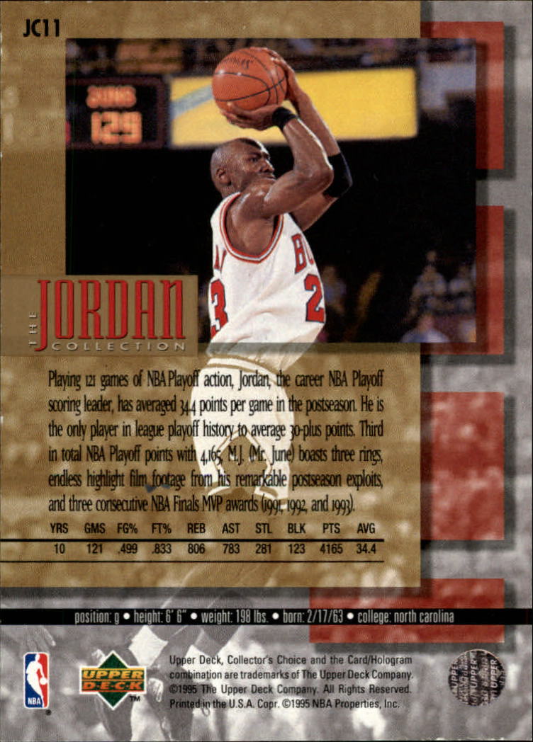 1995-96 Collector's Choice Jordan Collection #JC11 Michael Jordan/Career NBA Playoff SL back image