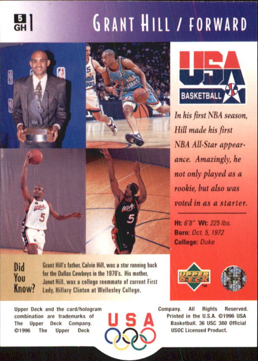 1996 Upper Deck USA #5 Grant Hill back image