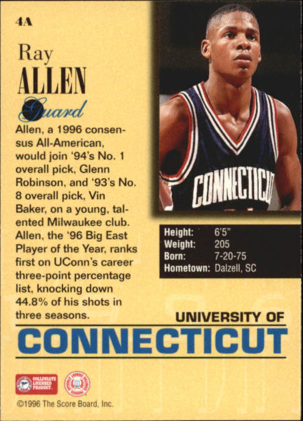 1996 Score Board Draft Day #4A Ray Allen/Milwaukee back image