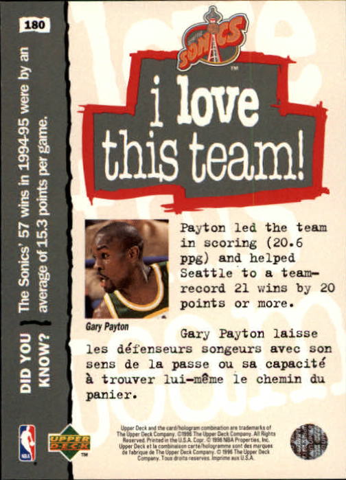 1995-96 Collector's Choice International French II #180 Gary Payton LOVE back image
