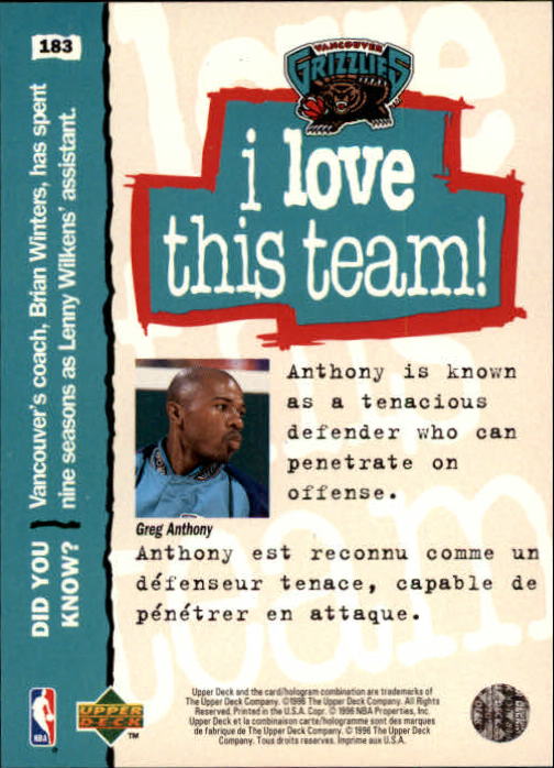 1995-96 Collector's Choice International French II #183 Greg Anthony LOVE back image