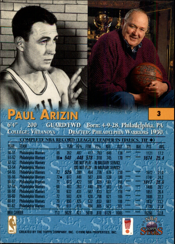 1996 Topps Stars #3 Paul Arizin back image