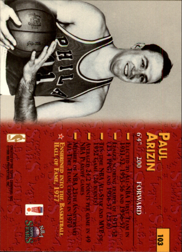 1996 Topps Stars #103 Paul Arizin back image