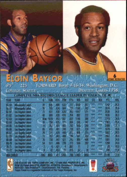 1996 Topps Stars Finest Refractors #6 Elgin Baylor back image