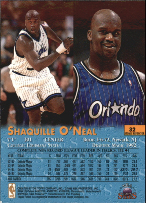 1996 Topps Stars Finest Refractors #32 Shaquille O'Neal back image