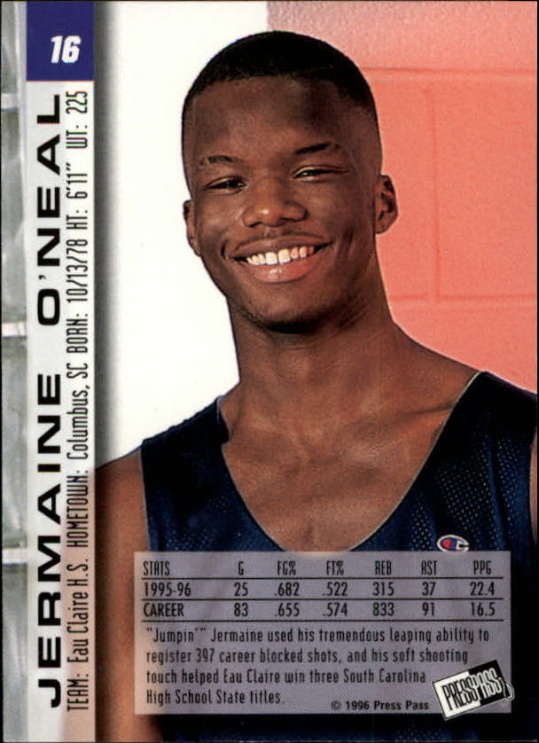 1996 Press Pass #16 Jermaine O'Neal back image