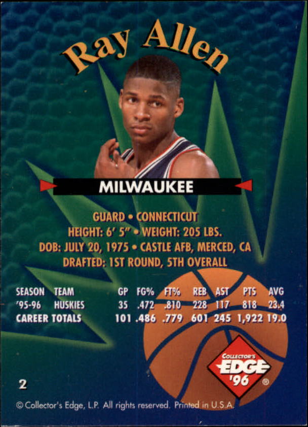 1996 Collector's Edge #2 Ray Allen back image