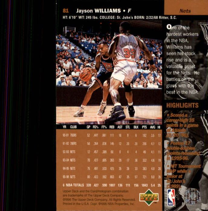 1996-97 Upper Deck #81 Jayson Williams back image