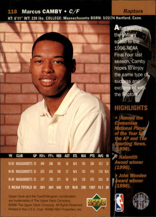 1996-97 Upper Deck #118 Marcus Camby RC back image