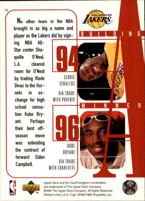 1996-97 Upper Deck #148 Shaquille O'Neal/Eddie Jones/Kobe Bryant/Cedric Ceballos/Nick Van Exel back image