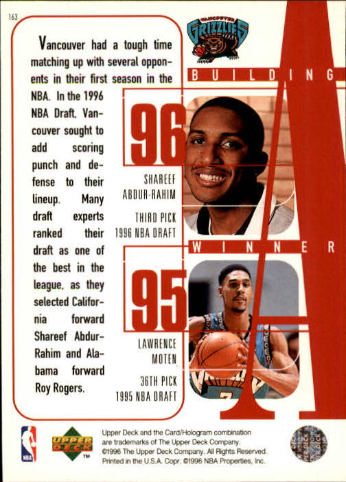 1996-97 Upper Deck #163 Bryant Reeves/Shareef Abdur-Rahim/Greg Anthony/Blue Edwards/Lawrence Moten back image