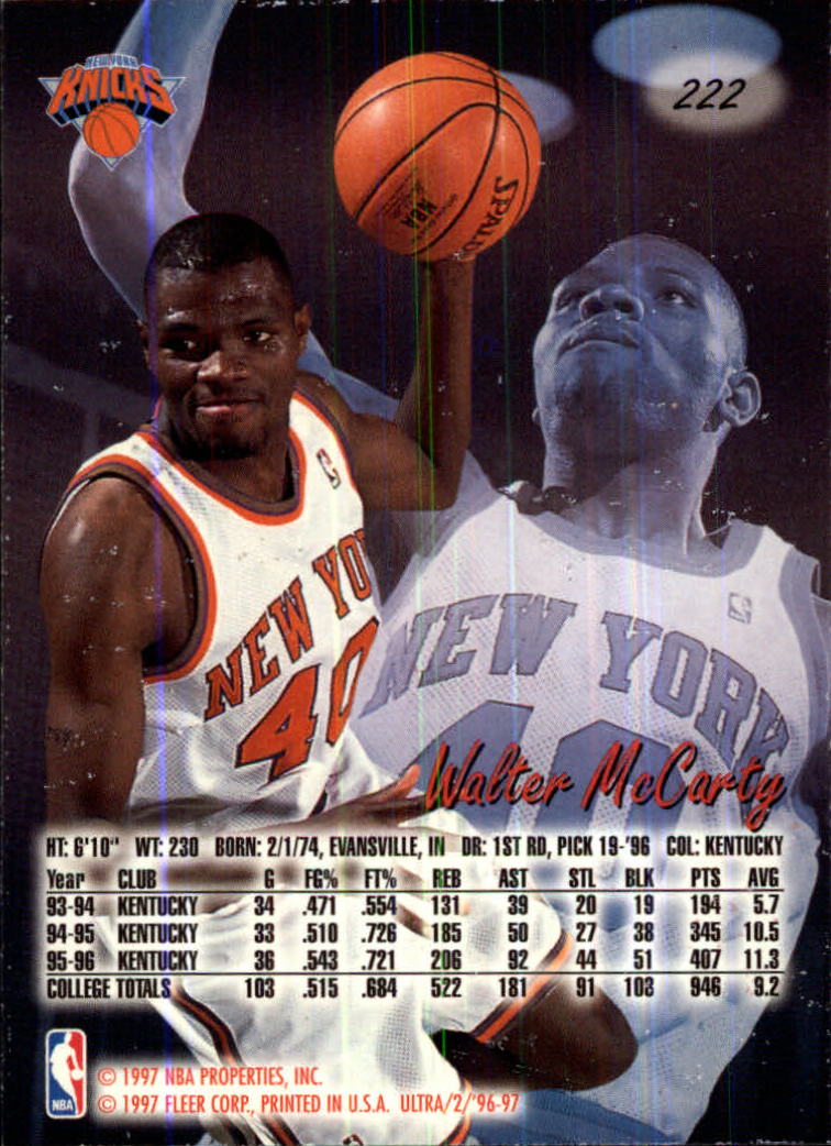 1996-97 Ultra #222 Walter McCarty RC back image