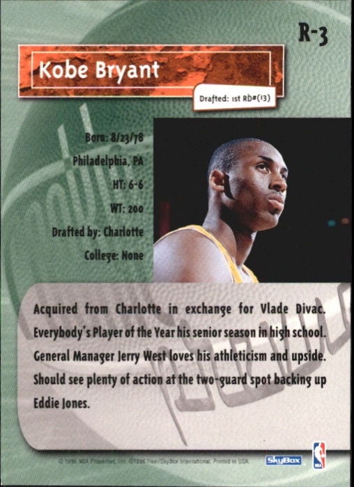 1996-97 SkyBox Premium Rookie Prevue #R3 Kobe Bryant back image