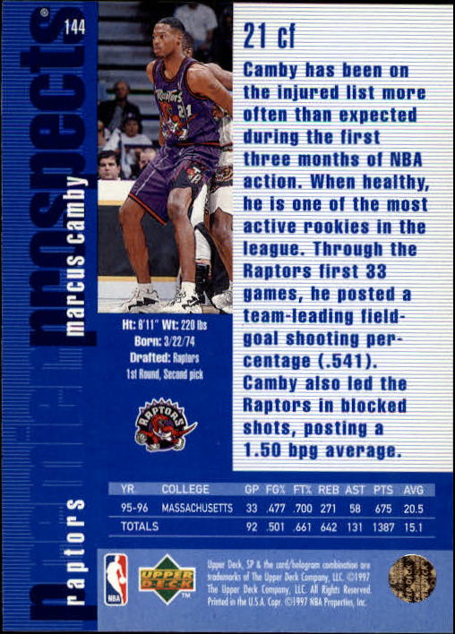 1996-97 SP #144 Marcus Camby RC back image