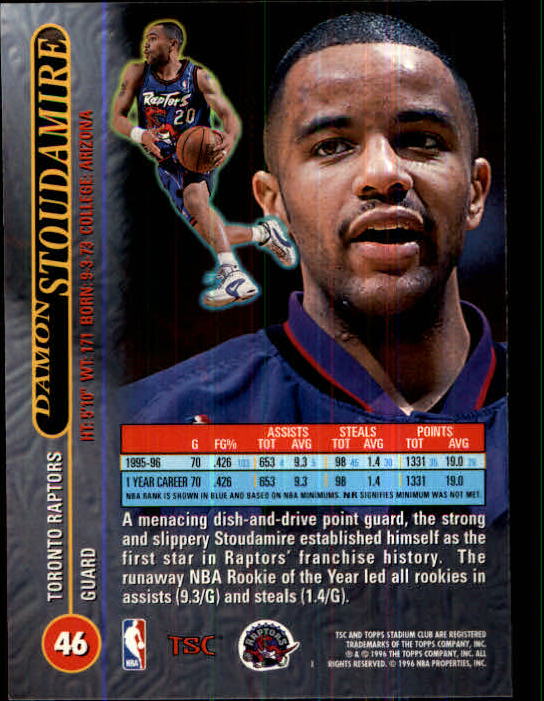 1996-97 Stadium Club Toronto Raptors Basketball Card #46 Damon ...