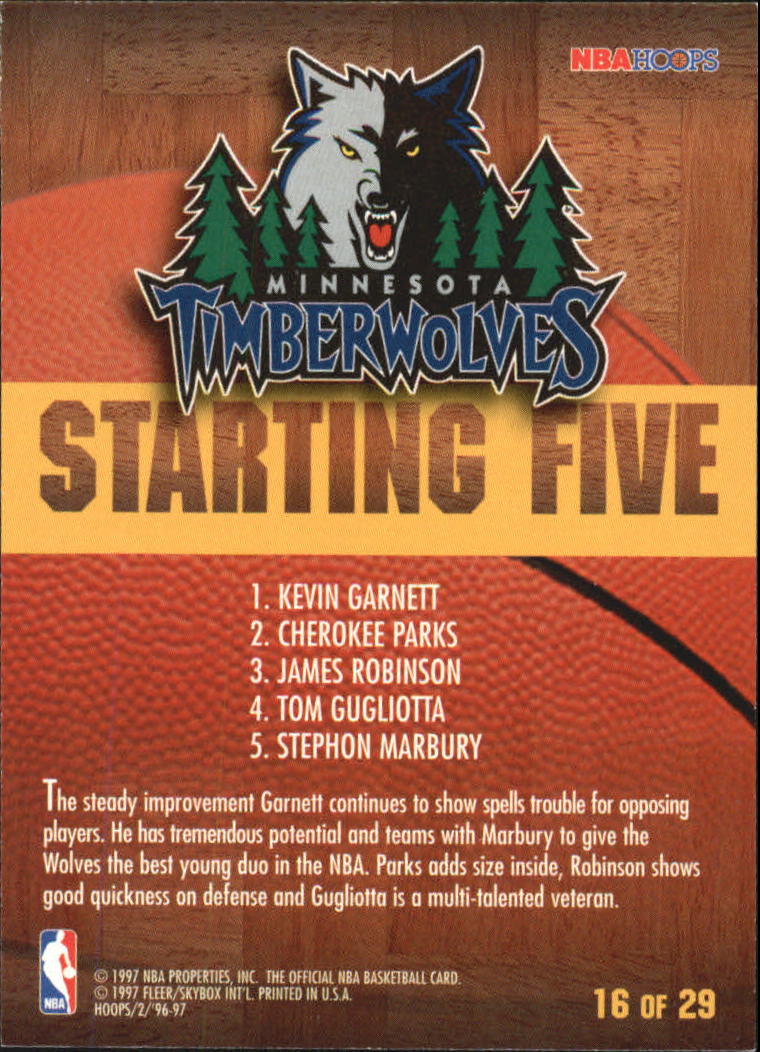 1996-97 Hoops Starting Five #16 Kevin Garnett/Tom Gugliotta/Stephon Marbury/Cherokee Parks/James Robinson/Minnesota Timberwolves back image