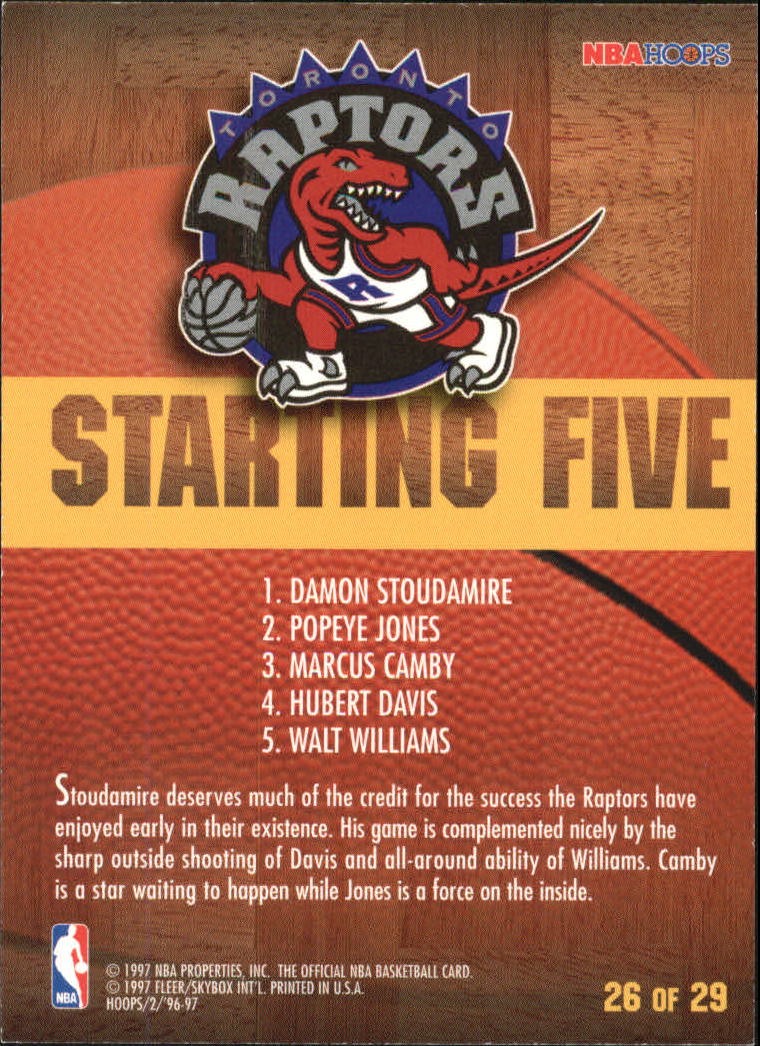 1996-97 Hoops Starting Five #26 Marcus Camby/Hubert Davis/Popeye Jones/Damon Stoudamire/Walt Williams/Toronto Raptors back image