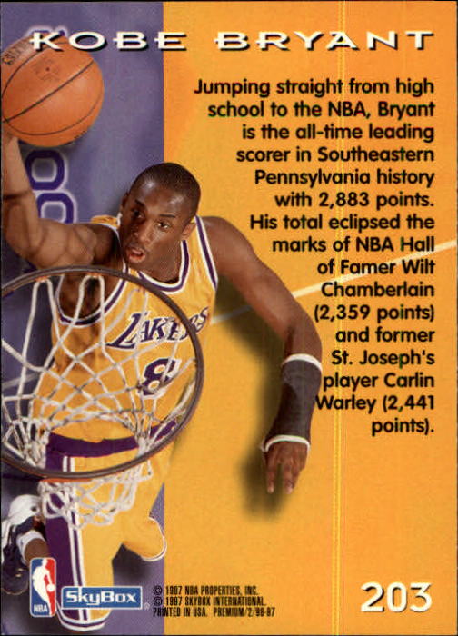 1996-97 SkyBox Premium #203 Kobe Bryant ROO back image