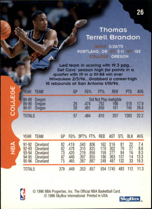 1996-97 Hoops #26 Terrell Brandon back image