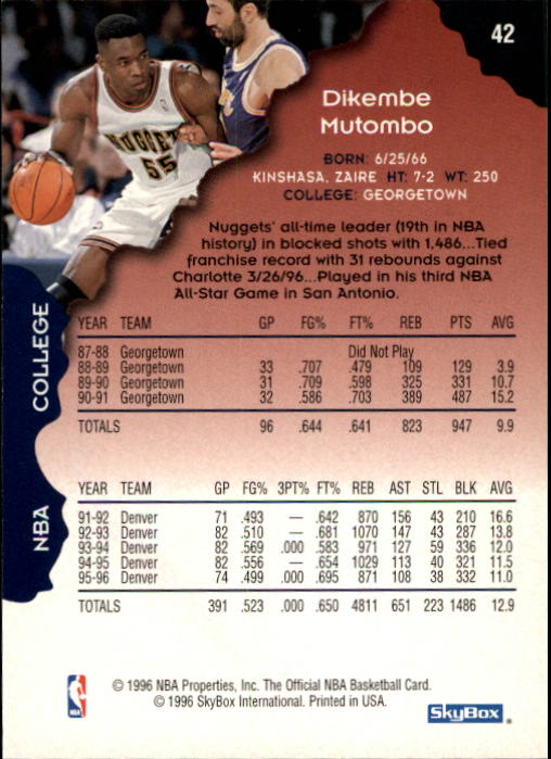 1996-97 Hoops #42 Dikembe Mutombo back image