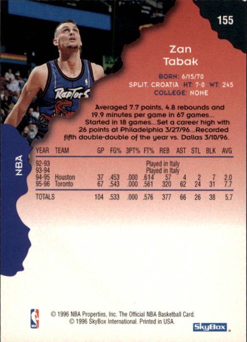 1996-97 Hoops #155 Zan Tabak back image