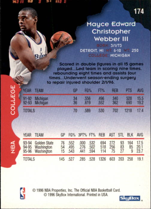 1996-97 Hoops #174 Chris Webber back image
