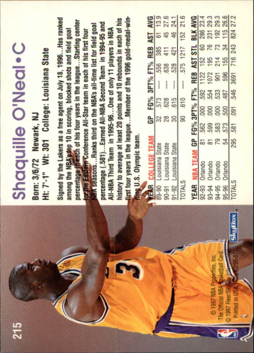 1996-97 Hoops #215 Shaquille O'Neal back image