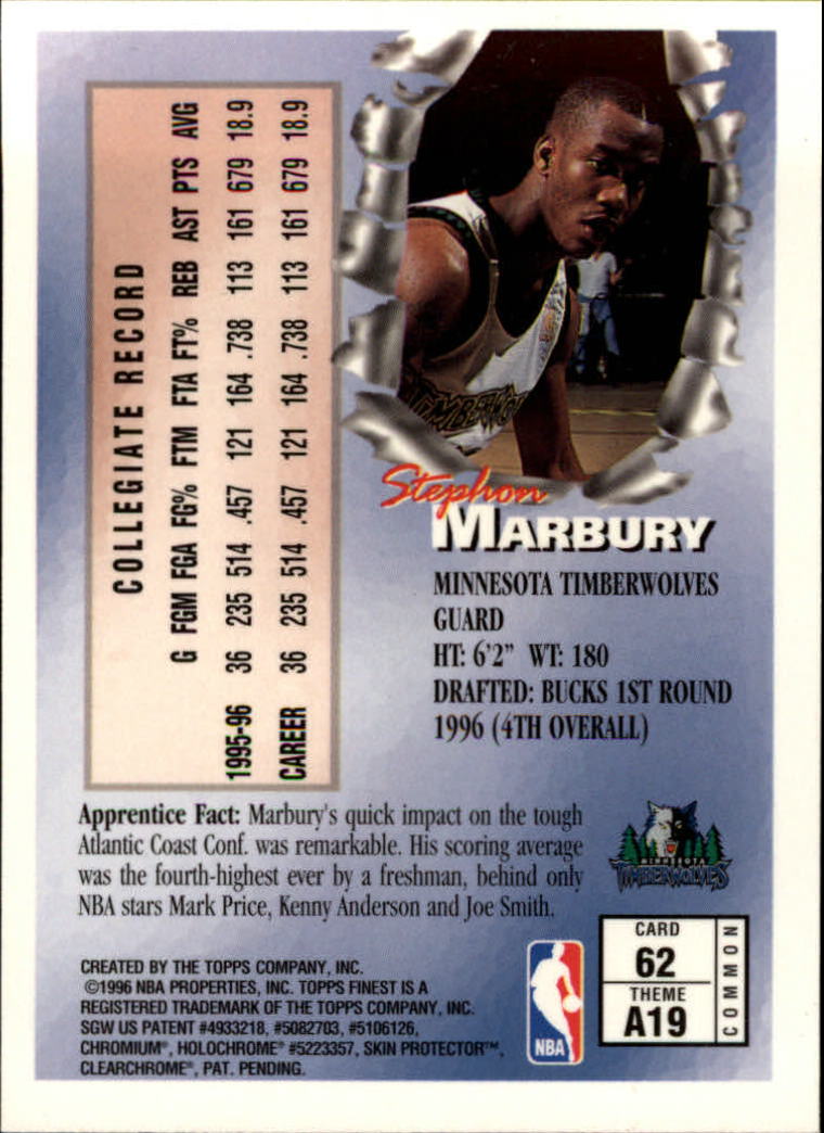 1996-97 Finest #62 Stephon Marbury B RC back image