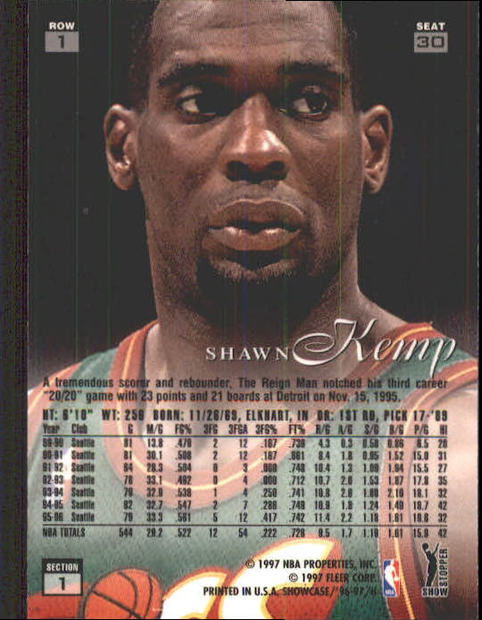 1996-97 Flair Showcase Row 1 #30 Shawn Kemp back image