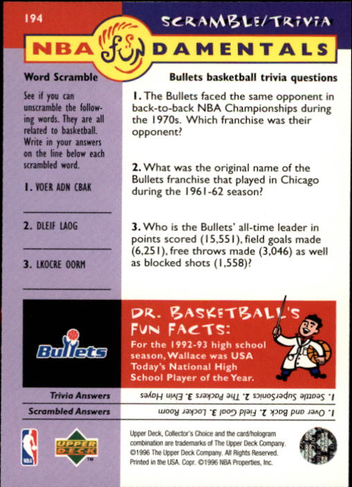 1996-97 Collector's Choice #194 Rasheed Wallace FUND back image