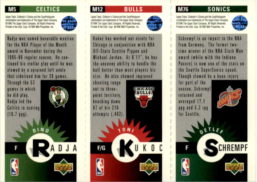 1996-97 Collector's Choice Mini-Cards #M5 Detlef Schrempf/Toni Kukoc/Dino Radja back image