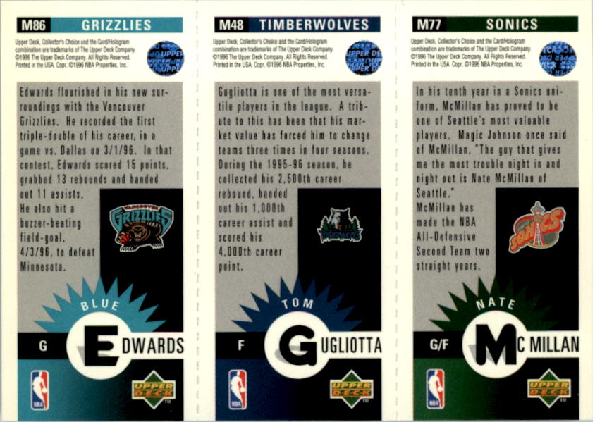 1996-97 Collector's Choice Mini-Cards #M86 Nate McMillan/Tom Gugliotta/Blue Edwards back image