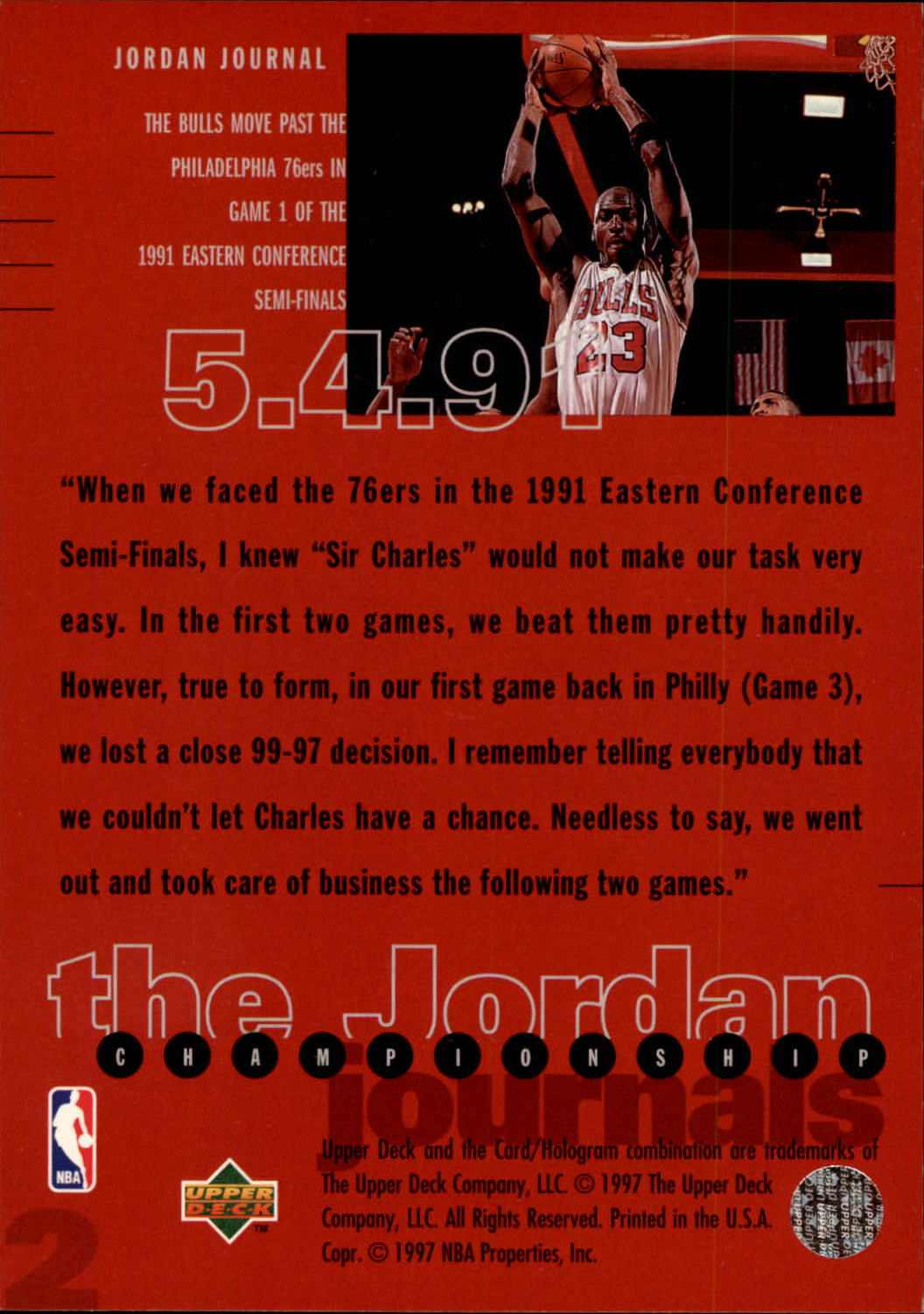 1997 Upper Deck Michael Jordan Championship Journals #2 Michael Jordan/Journal 1991, versus Philadelphia back image