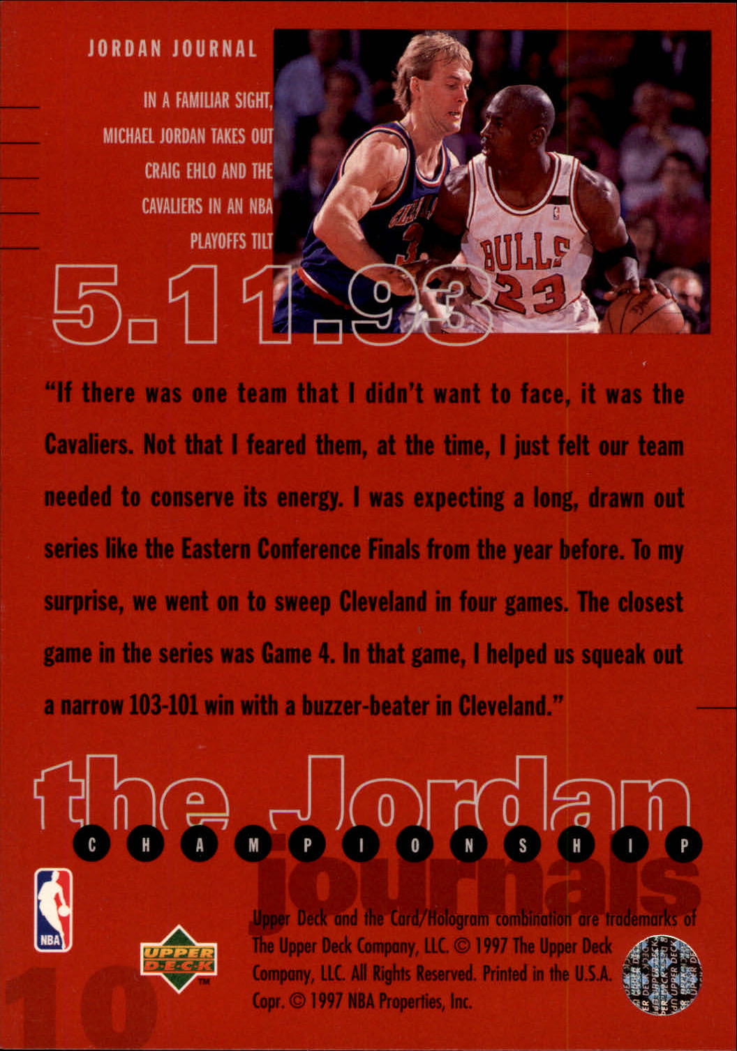 1997 Upper Deck Michael Jordan Championship Journals #10 Michael Jordan/Journal 1993, versus Cleveland back image