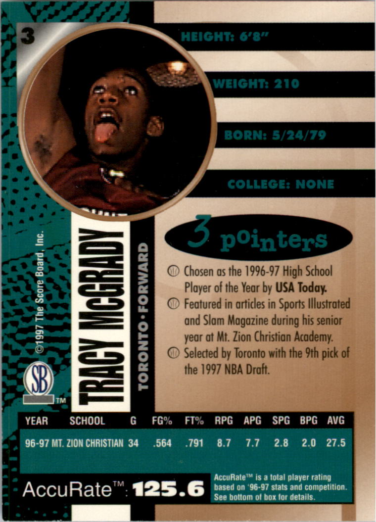 1997 Score Board Autographed BK #3 Tracy McGrady back image