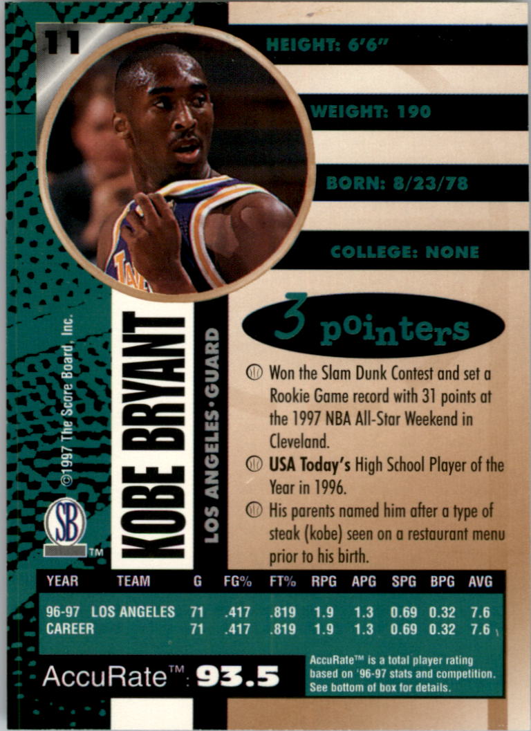 1997 Score Board Autographed BK #11 Kobe Bryant back image