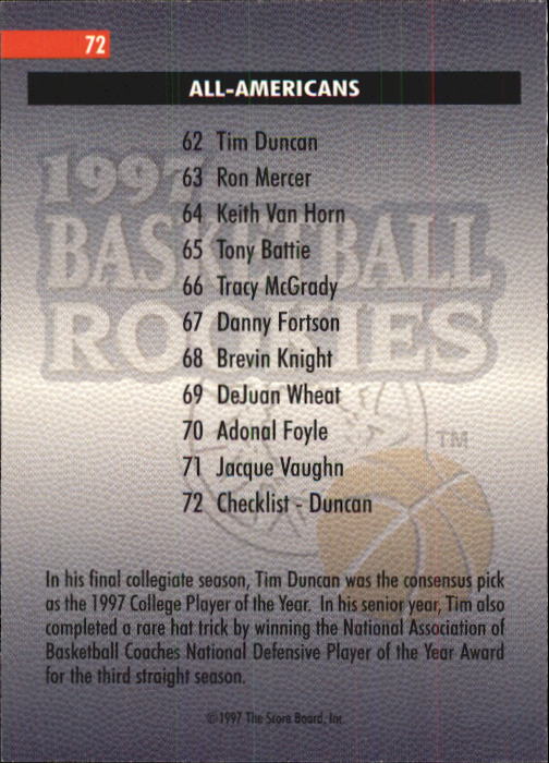 1997 Score Board Rookies #72 Tim Duncan AA CL back image