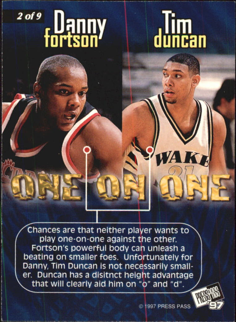 1997 Press Pass One On One #2 Danny Fortson/Tim Duncan back image