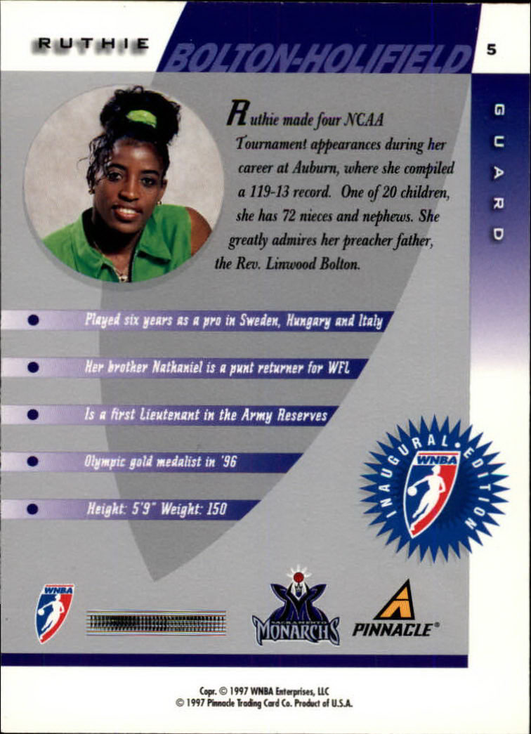 1997 Pinnacle Inside WNBA #5 Ruthie Bolton-Holifield RC back image