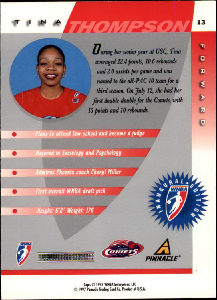 1997 Pinnacle Inside WNBA #13 Tina Thompson RC back image