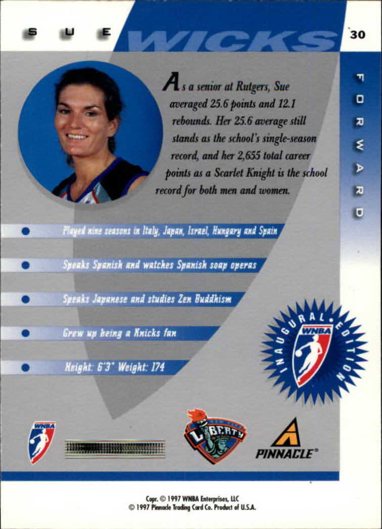 1997 Pinnacle Inside WNBA #30 Sue Wicks RC back image