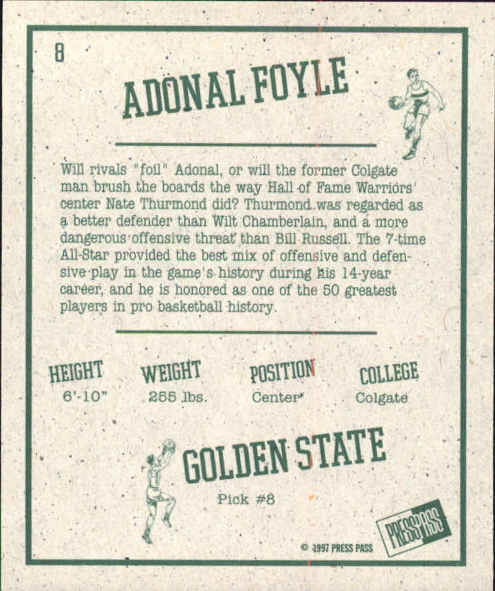 1997 Press Pass Double Threat Retroactive #RA8 Adonal Foyle back image