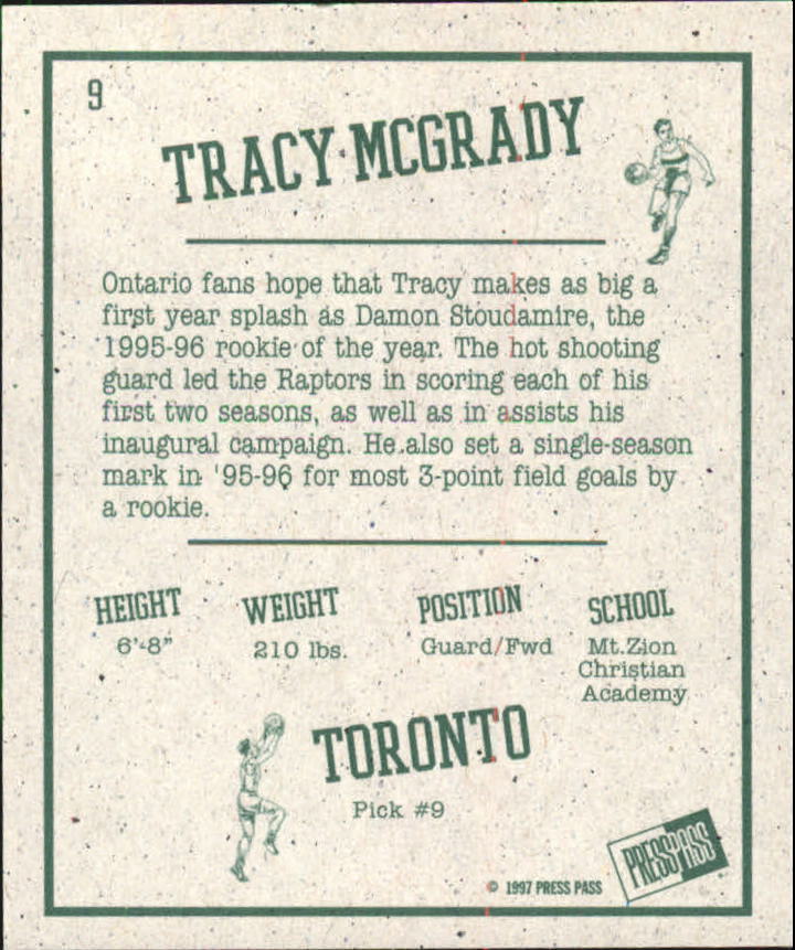 1997 Press Pass Double Threat Retroactive #RA9 Tracy McGrady back image