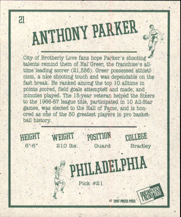 1997 Press Pass Double Threat Retroactive #RA21 Anthony Parker back image