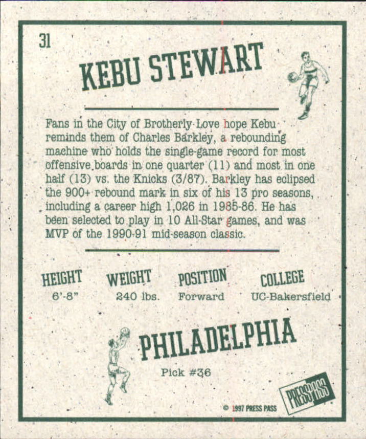 1997 Press Pass Double Threat Retroactive #RA31 Kebu Stewart back image