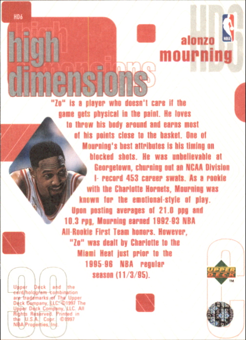 1997-98 Upper Deck High Dimensions #D6 Alonzo Mourning back image
