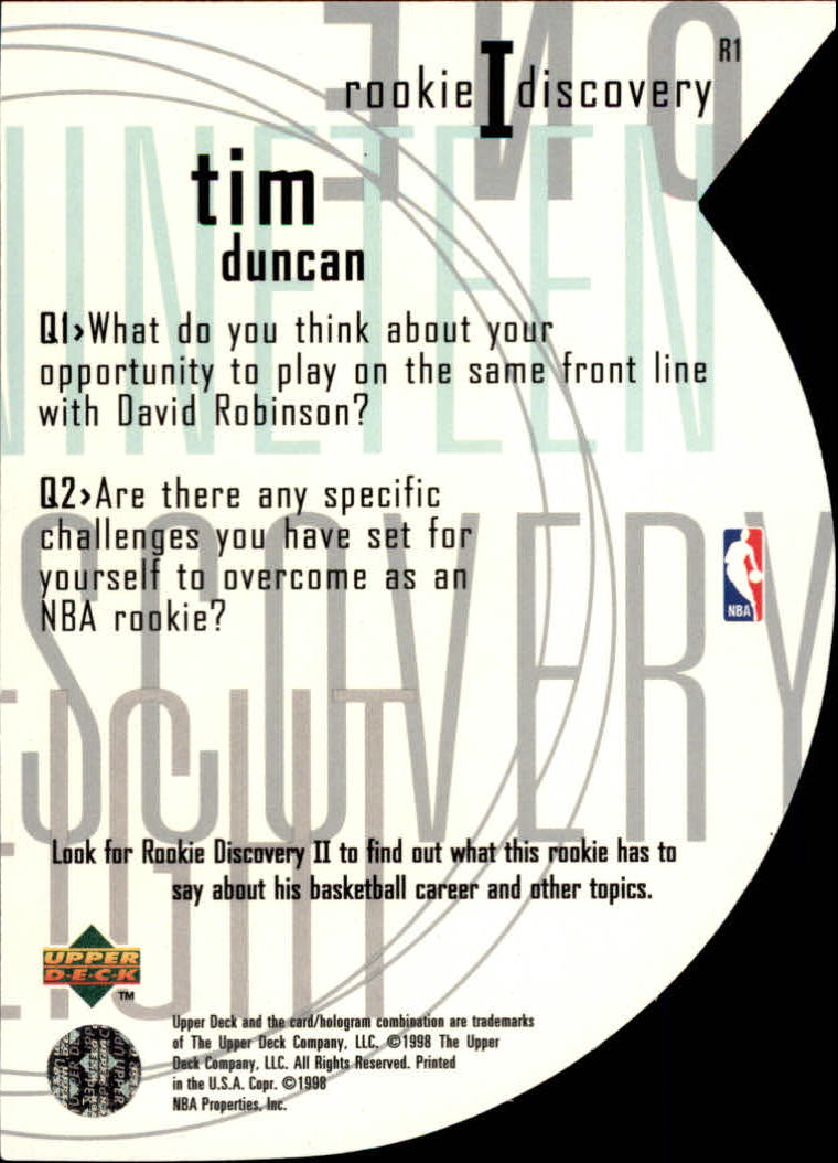 1997-98 Upper Deck Rookie Discovery 1 #R1 Tim Duncan back image