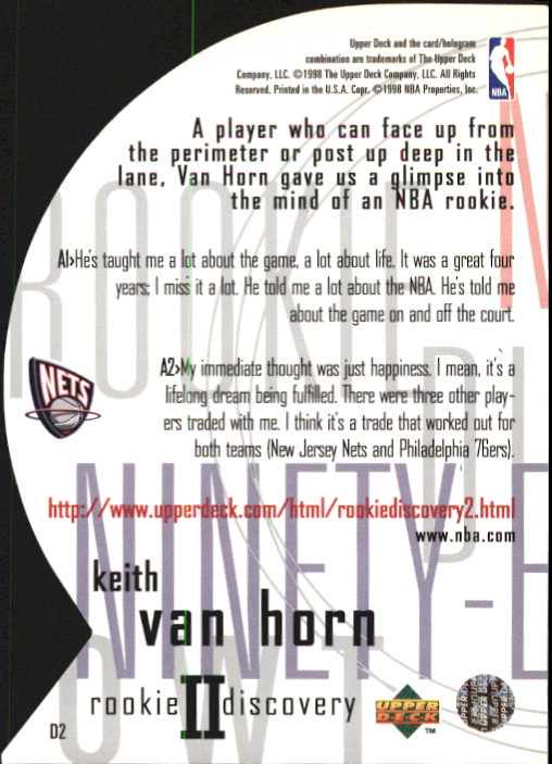 1997-98 Upper Deck Rookie Discovery 2 #D2 Keith Van Horn back image