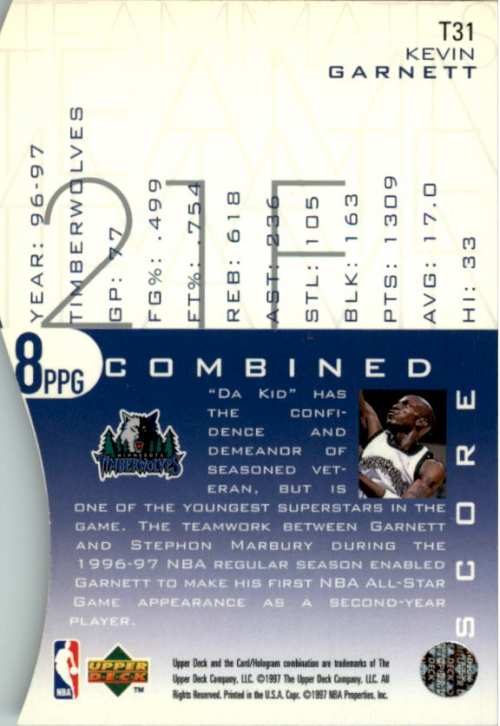 1997-98 Upper Deck Teammates #T31 Kevin Garnett back image