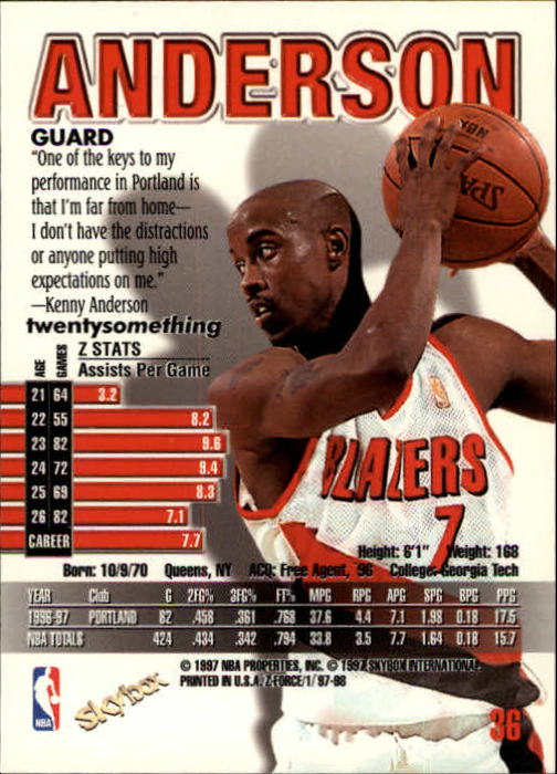 1997-98 Z-Force #36 Kenny Anderson back image